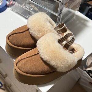 UGG Tan and Cream Shearling Platform Slippers